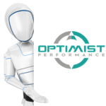 robot holding the Optimist Performance logo